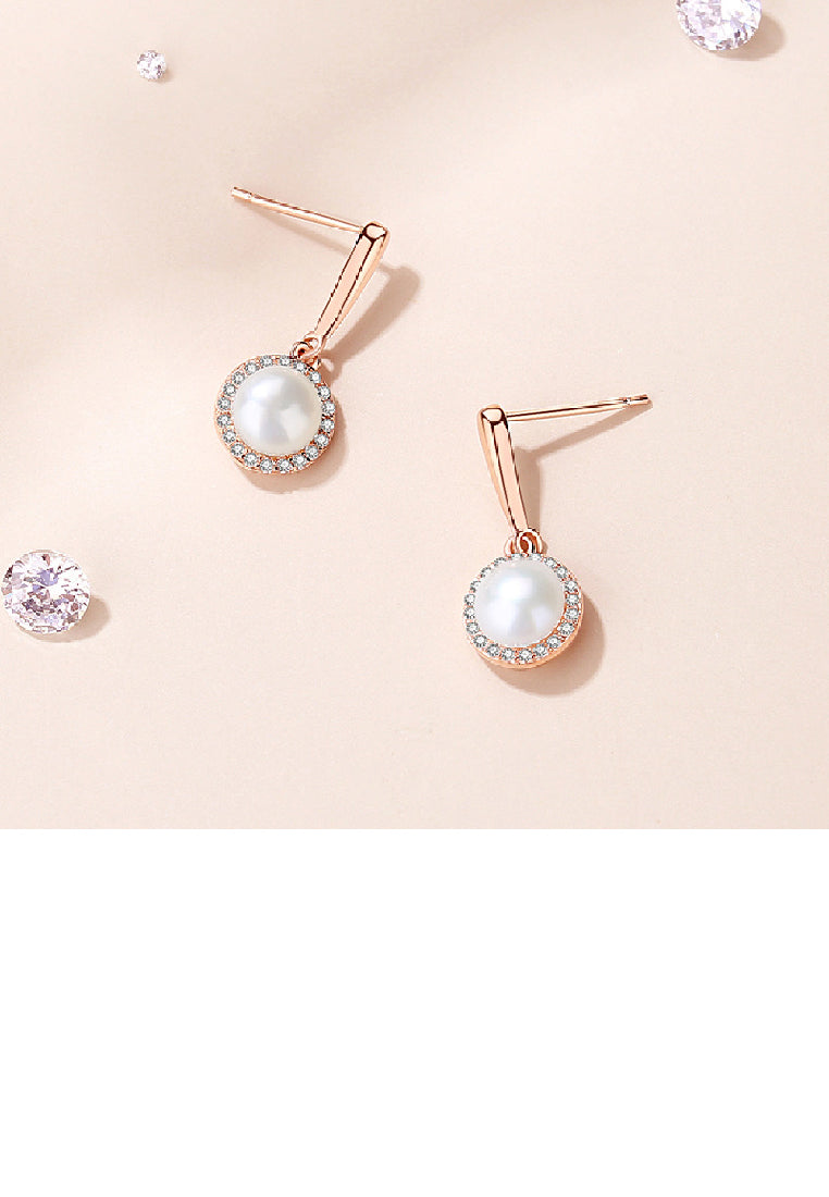 925 Sterling Silver Plated Rose Gold Fashion Elegant Geometric Imitation Pearl Earrings with Cubic Zirconia - Luxurious Look