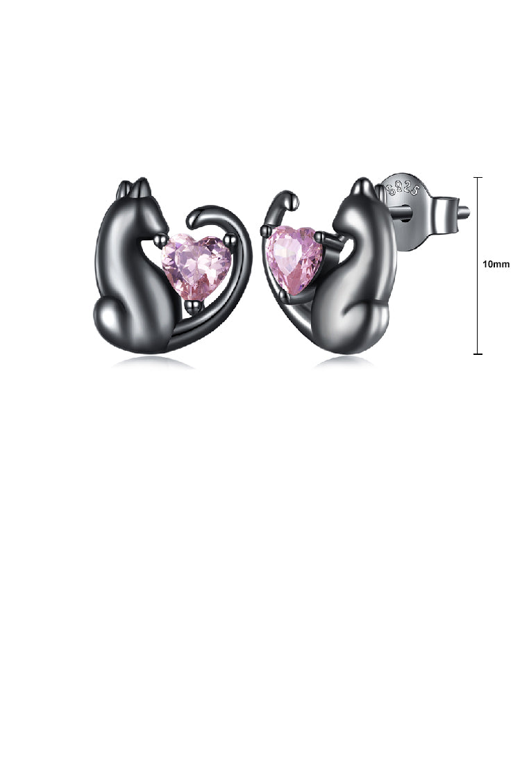 925 Sterling Silver Plated Black Simple Cute Cat Earrings with Pink Cubic Zirconia - Luxurious Look - Vibrant Color