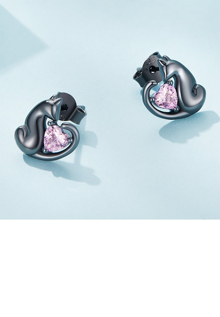 925 Sterling Silver Plated Black Simple Cute Cat Earrings with Pink Cubic Zirconia - Luxurious Look - Vibrant Color