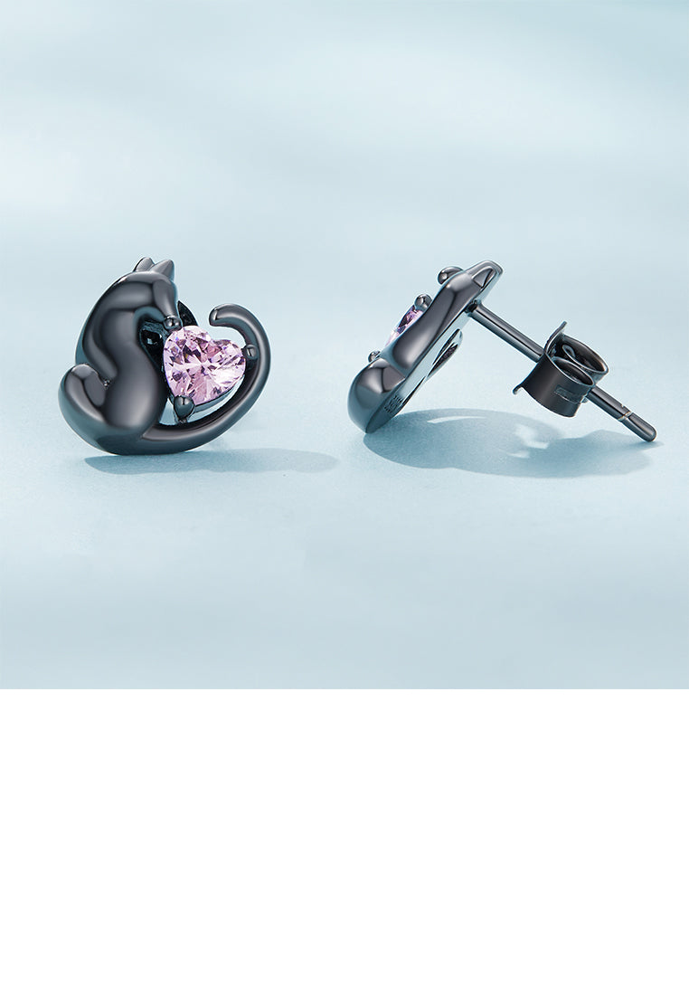 925 Sterling Silver Plated Black Simple Cute Cat Earrings with Pink Cubic Zirconia - Luxurious Look - Vibrant Color