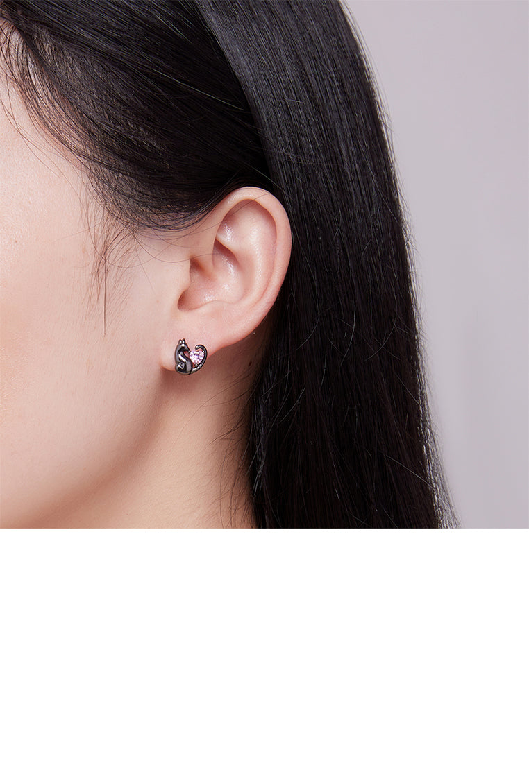 925 Sterling Silver Plated Black Simple Cute Cat Earrings with Pink Cubic Zirconia - Luxurious Look - Vibrant Color
