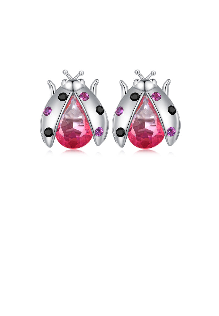 925 Sterling Silver Fashion Personalized Ladybug Stud Earrings with Red Cubic Zirconia - Luxurious Look - Vibrant Color