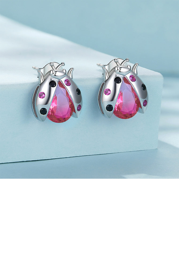 925 Sterling Silver Fashion Personalized Ladybug Stud Earrings with Red Cubic Zirconia - Luxurious Look - Vibrant Color