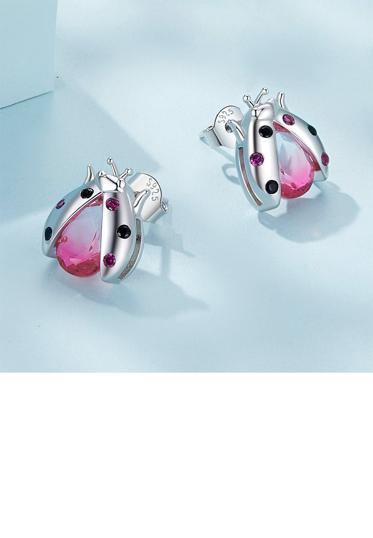 925 Sterling Silver Fashion Personalized Ladybug Stud Earrings with Red Cubic Zirconia - Luxurious Look - Vibrant Color