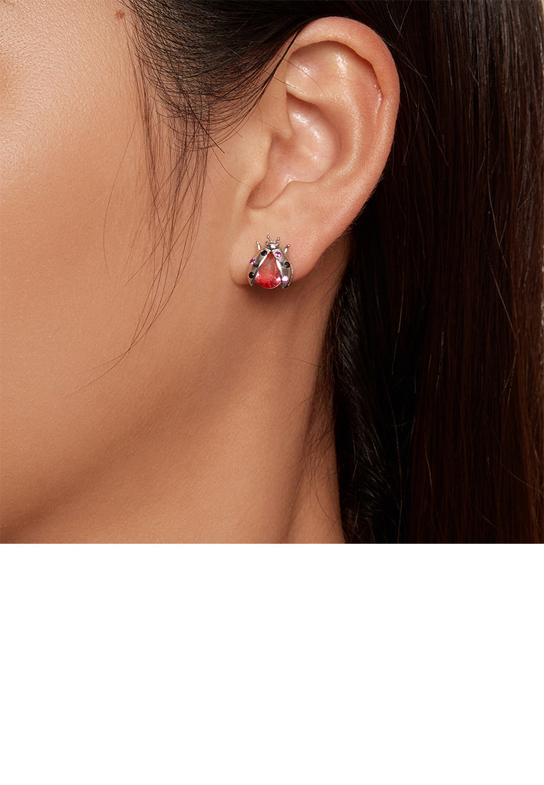925 Sterling Silver Fashion Personalized Ladybug Stud Earrings with Red Cubic Zirconia - Luxurious Look - Vibrant Color
