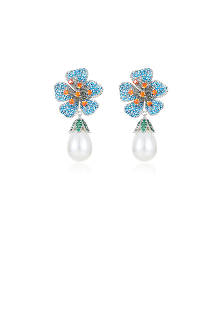 Fashion and Elegant Blue Flower Imitation Pearl Earrings with Cubic Zirconia - Luxurious Look