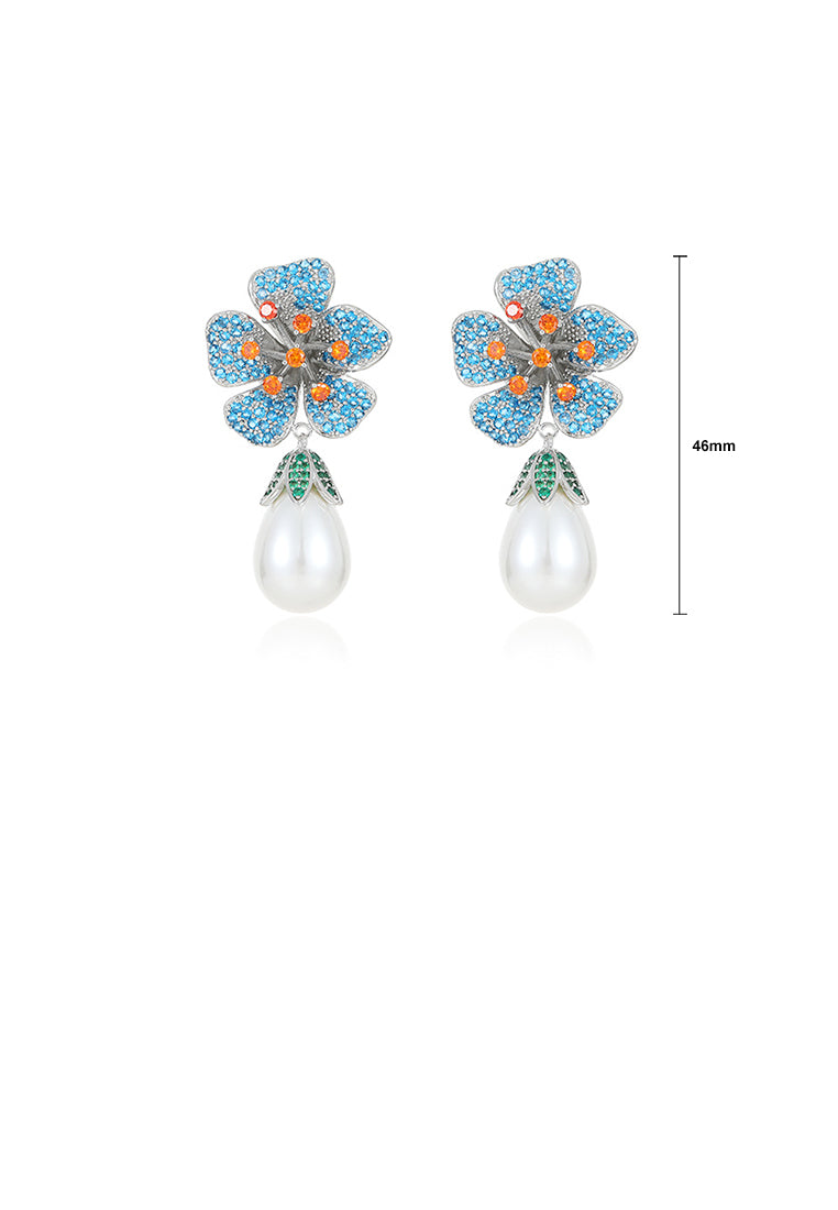 Fashion and Elegant Blue Flower Imitation Pearl Earrings with Cubic Zirconia - Luxurious Look
