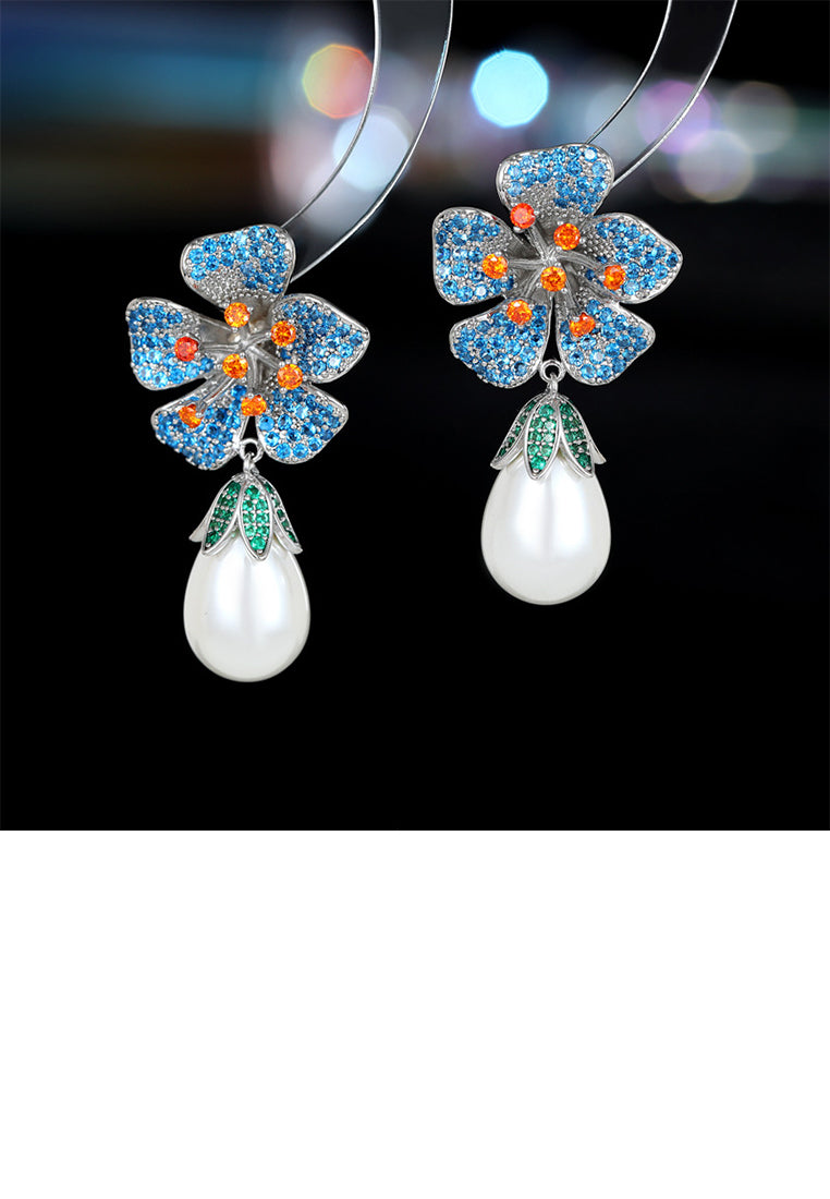Fashion and Elegant Blue Flower Imitation Pearl Earrings with Cubic Zirconia - Luxurious Look