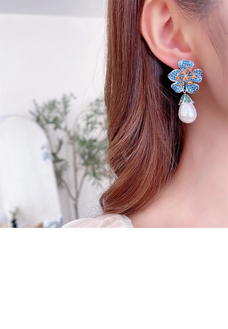 Fashion and Elegant Blue Flower Imitation Pearl Earrings with Cubic Zirconia - Luxurious Look