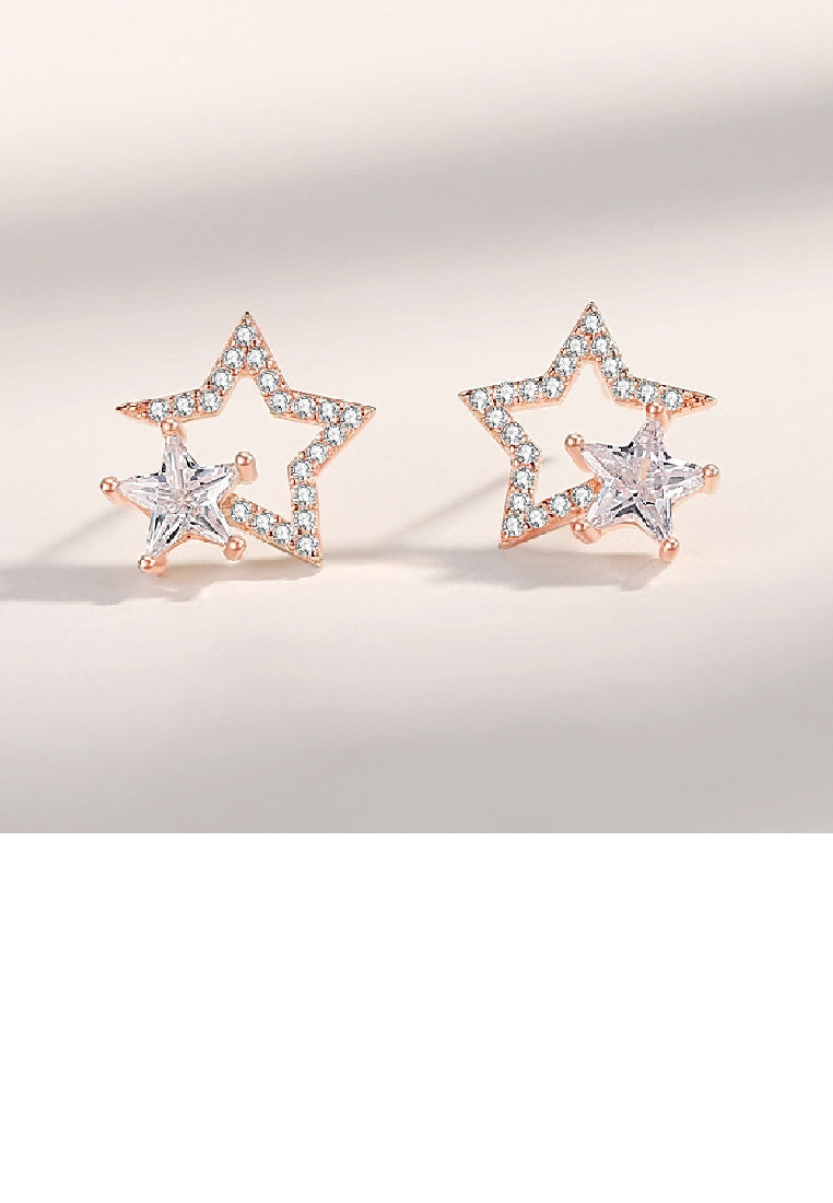925 Sterling Silver Plated Rose Gold Simple Fashion Hollow Star Stud Earrings with Cubic Zirconia - Luxurious Look