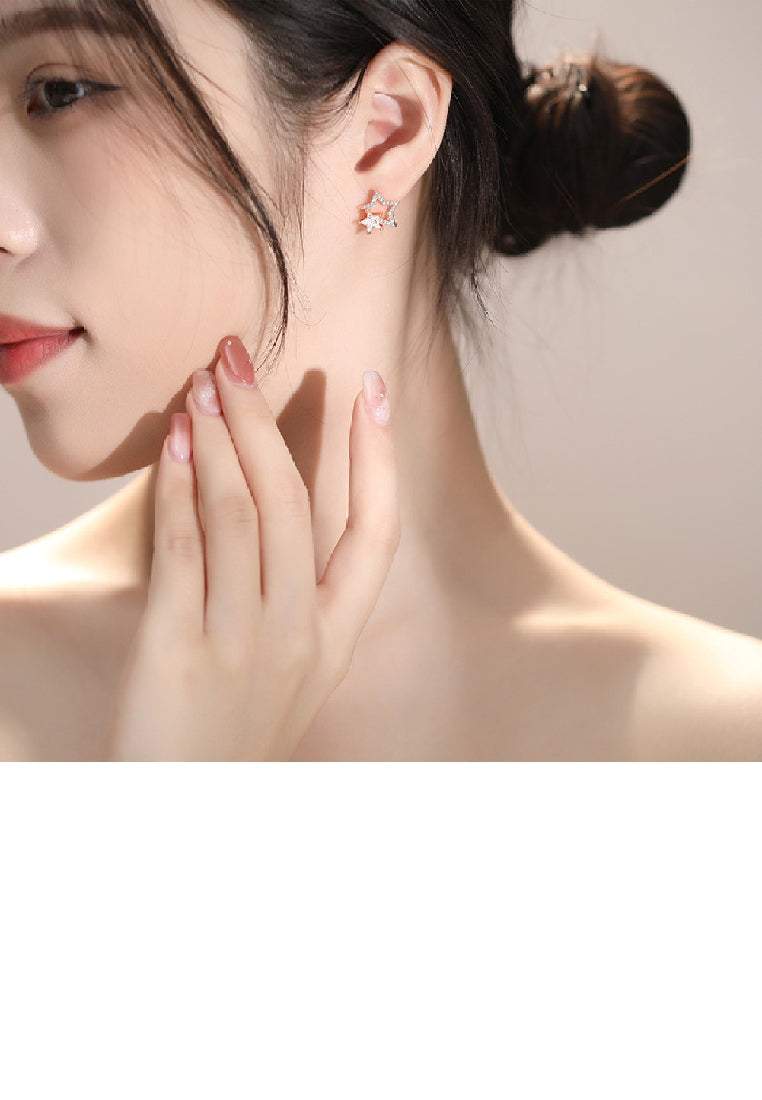 925 Sterling Silver Plated Rose Gold Simple Fashion Hollow Star Stud Earrings with Cubic Zirconia - Luxurious Look