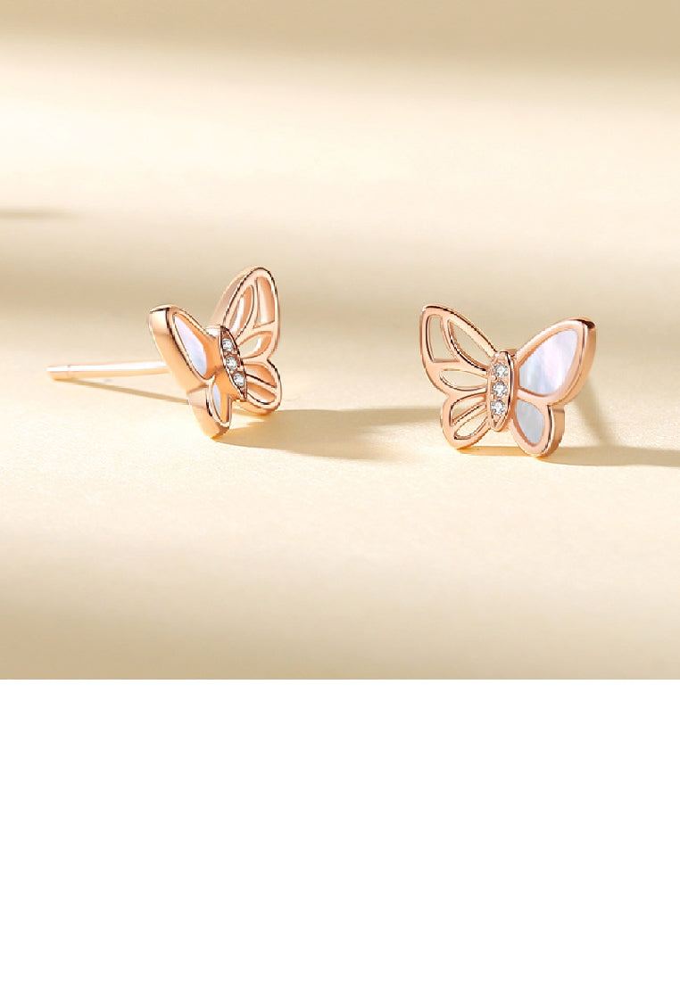 925 Sterling Silver Plated Rose Gold Simple Fashion Butterfly Mother Of Pearl Stud Earrings with Cubic Zirconia - Luxurious Look