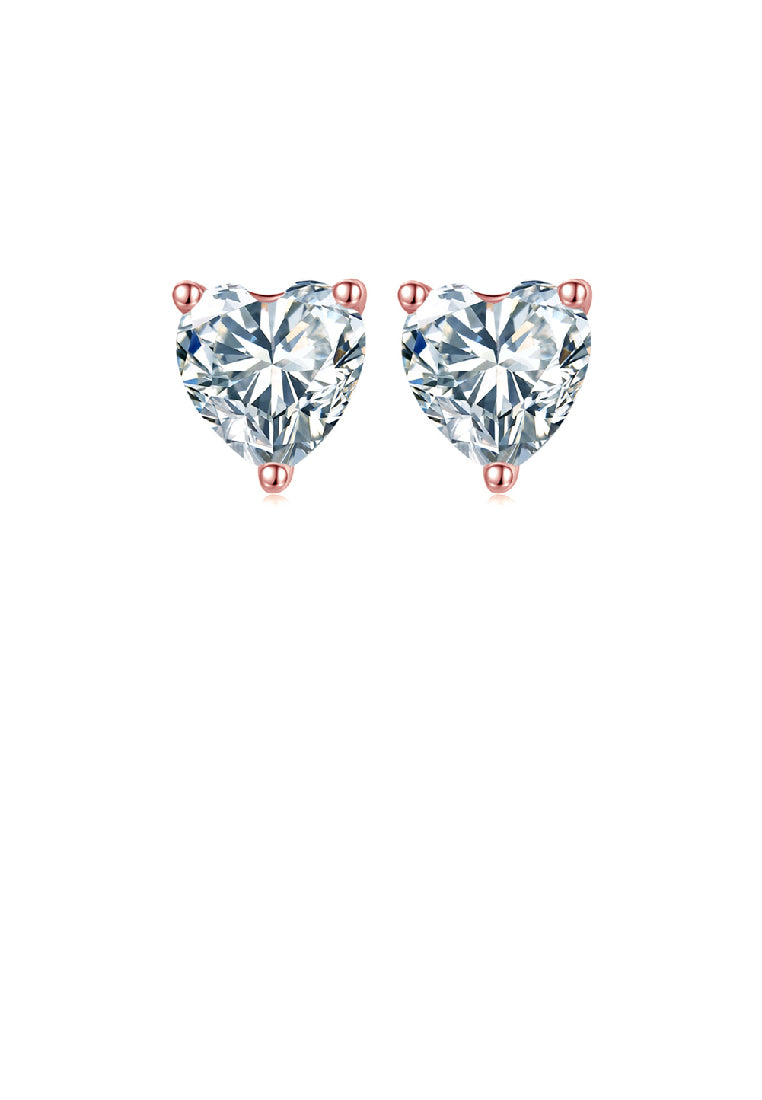 925 Sterling Silver Plated Rose Gold Simple Romantic Heart Cubic Zirconia Stud Earrings - Luxurious Look