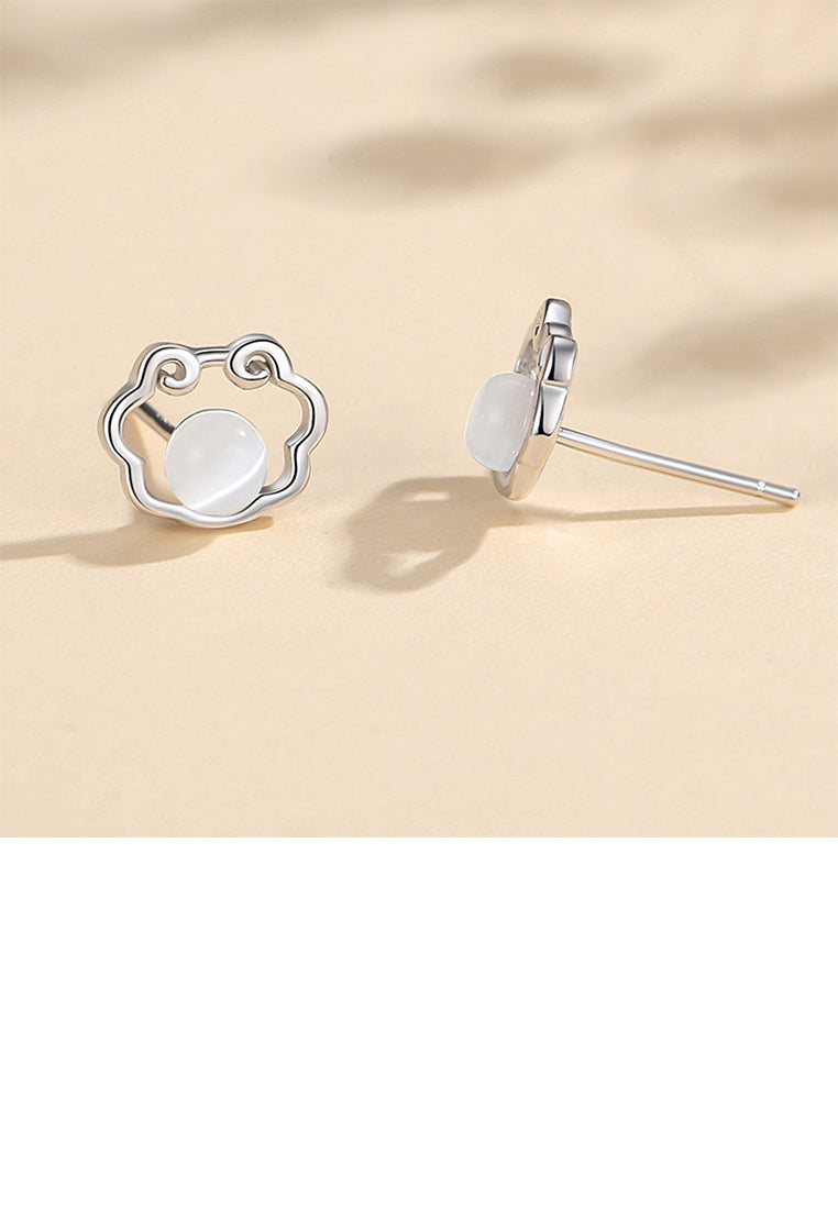 925 Sterling Silver Simple Vintage Ping An Lock Imitation Opal Stud Earrings