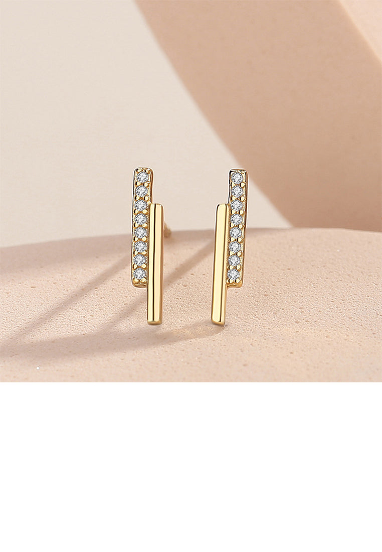 925 Sterling Silver Plated Gold Simple Fashion Bar Geometric Stud Earrings with Cubic Zirconia - Luxurious Look