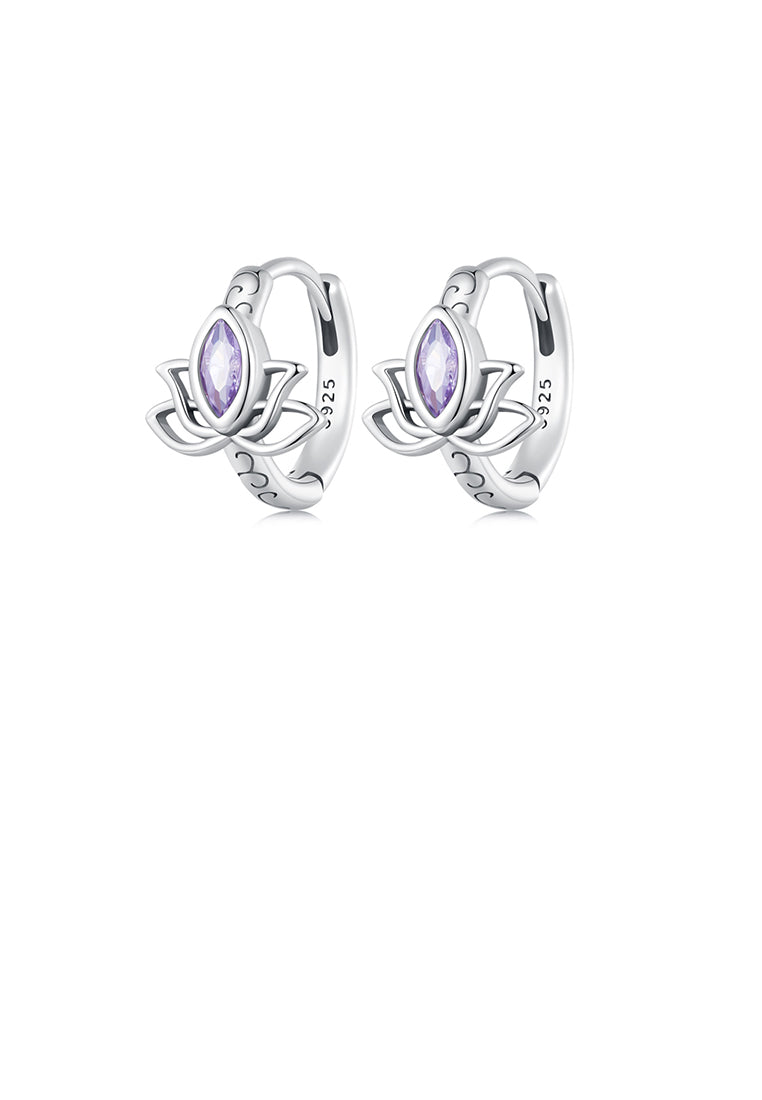 925 Sterling Silver Fashion Vintage Lotus Geometric Earrings with Purple Cubic Zirconia - Luxurious Look