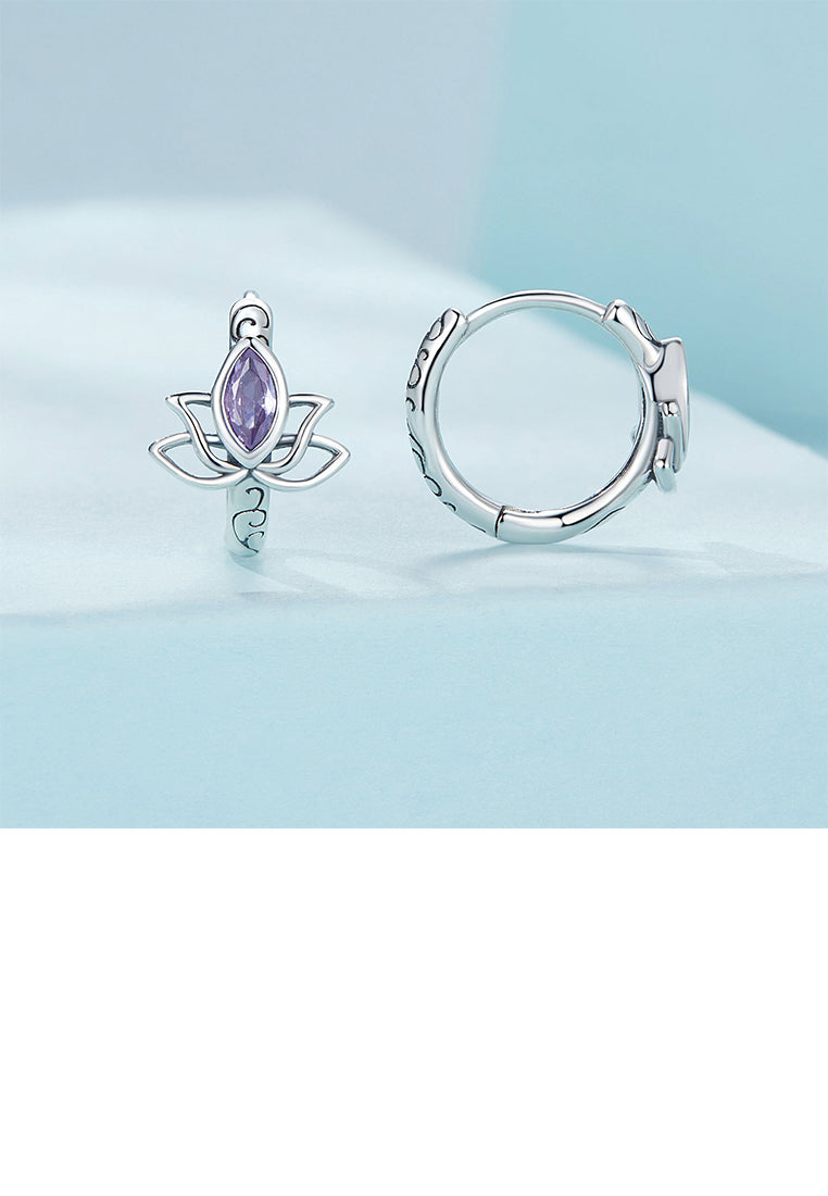 925 Sterling Silver Fashion Vintage Lotus Geometric Earrings with Purple Cubic Zirconia - Luxurious Look