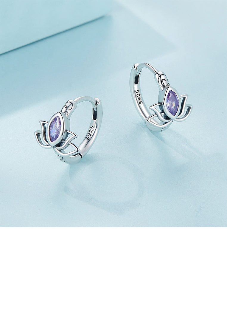 925 Sterling Silver Fashion Vintage Lotus Geometric Earrings with Purple Cubic Zirconia - Luxurious Look