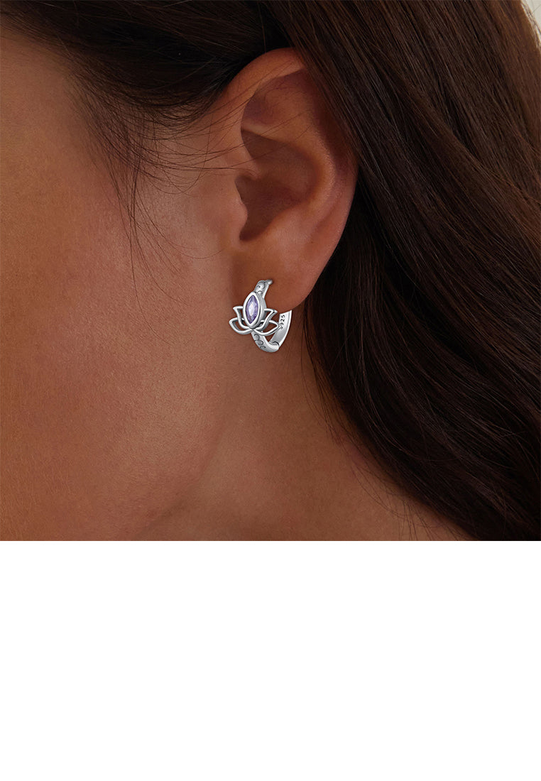 925 Sterling Silver Fashion Vintage Lotus Geometric Earrings with Purple Cubic Zirconia - Luxurious Look