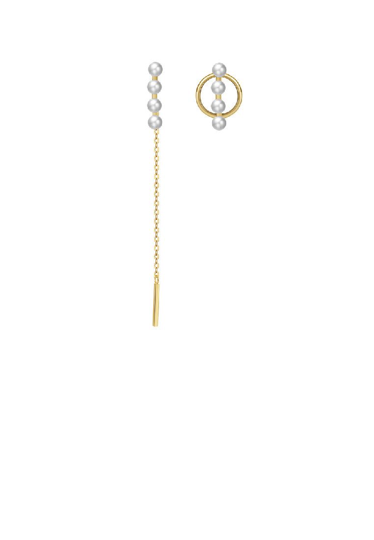 925 Sterling Silver Plated Gold Simple Fashion Circle Tassel Asymmetrical Stud Earrings with Freshwater Pearls