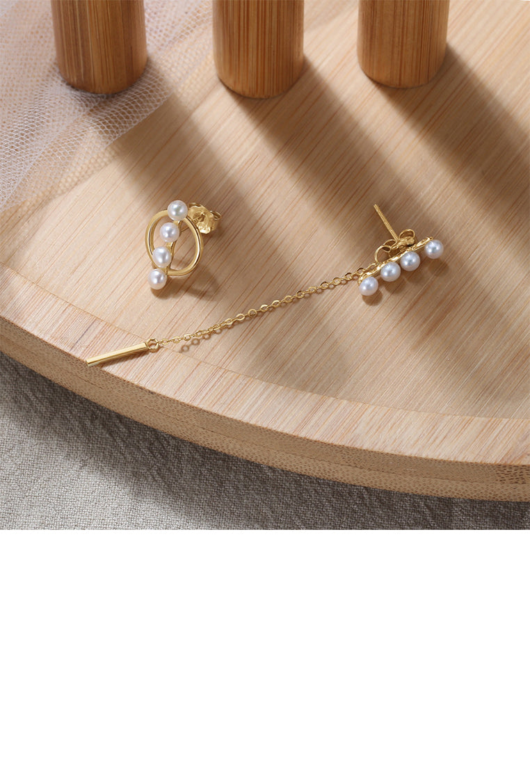925 Sterling Silver Plated Gold Simple Fashion Circle Tassel Asymmetrical Stud Earrings with Freshwater Pearls