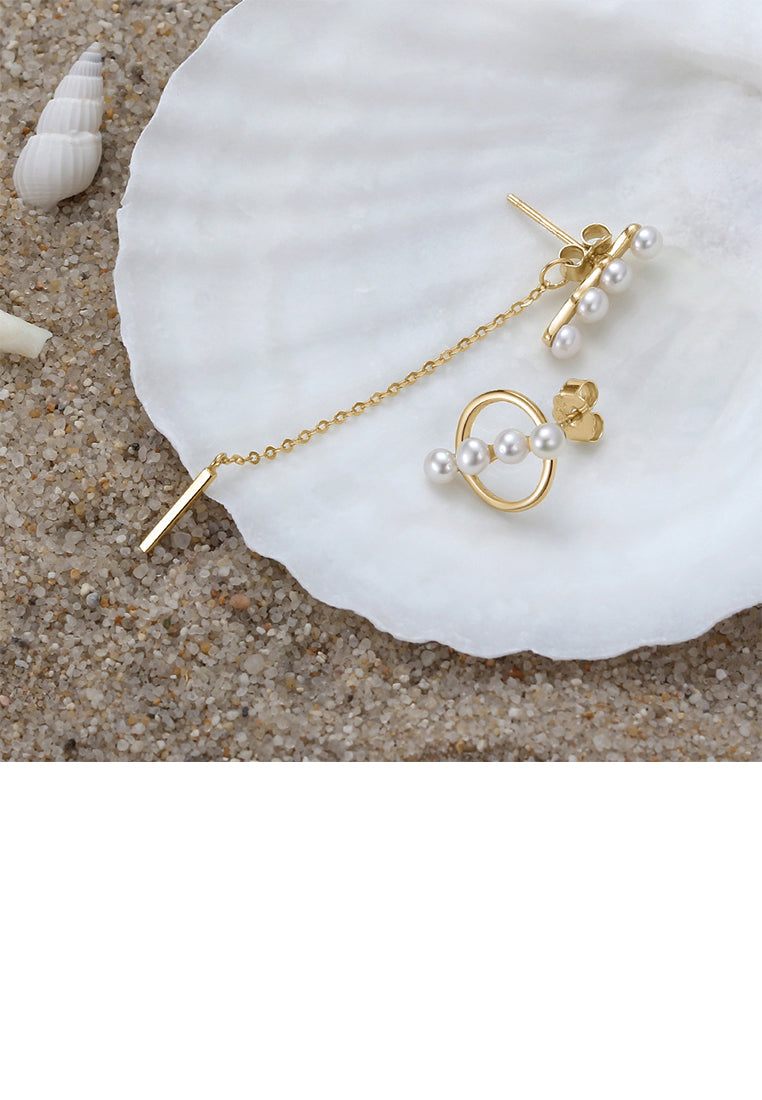 925 Sterling Silver Plated Gold Simple Fashion Circle Tassel Asymmetrical Stud Earrings with Freshwater Pearls