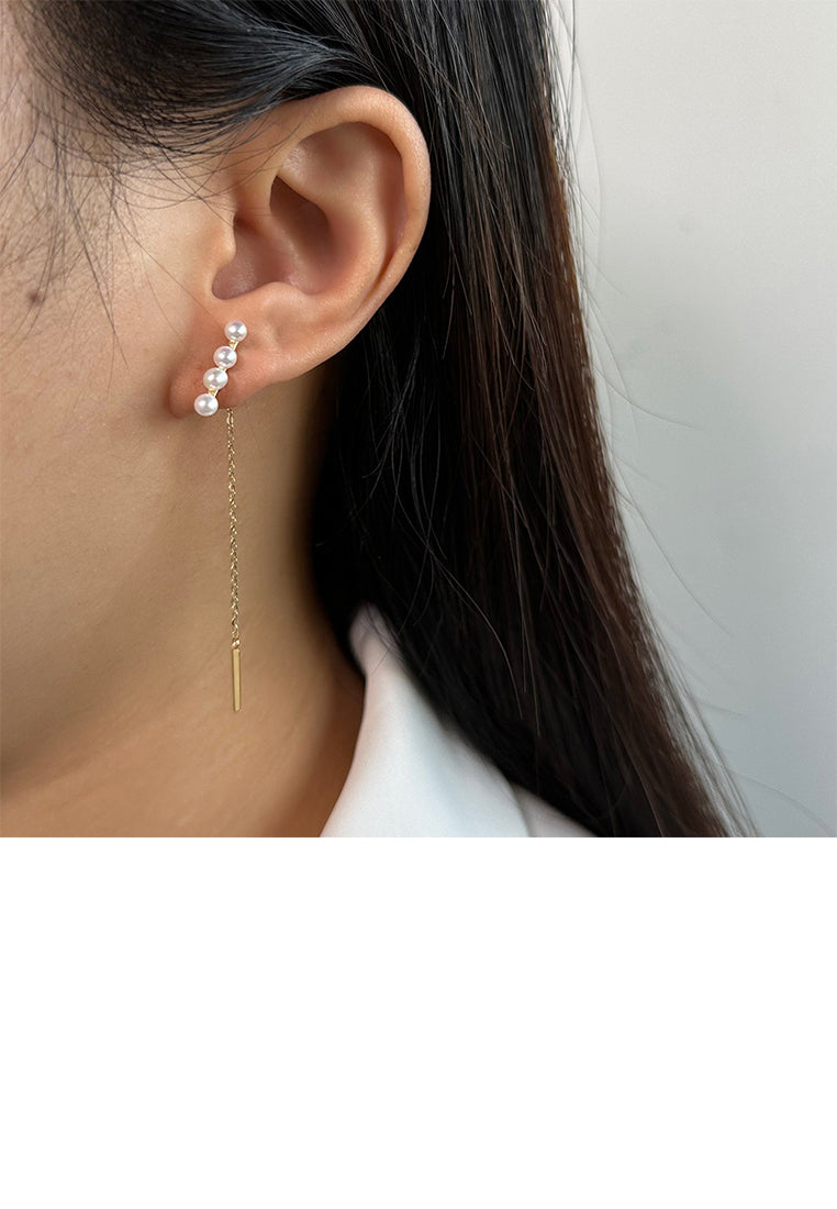 925 Sterling Silver Plated Gold Simple Fashion Circle Tassel Asymmetrical Stud Earrings with Freshwater Pearls