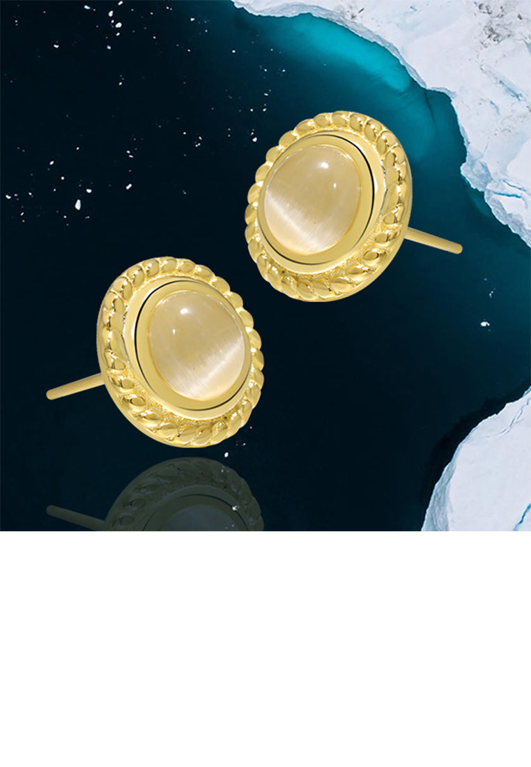 925 Sterling Silver Plated Gold Simple Elegant Twisted Geometric Round Opal Stud Earrings
