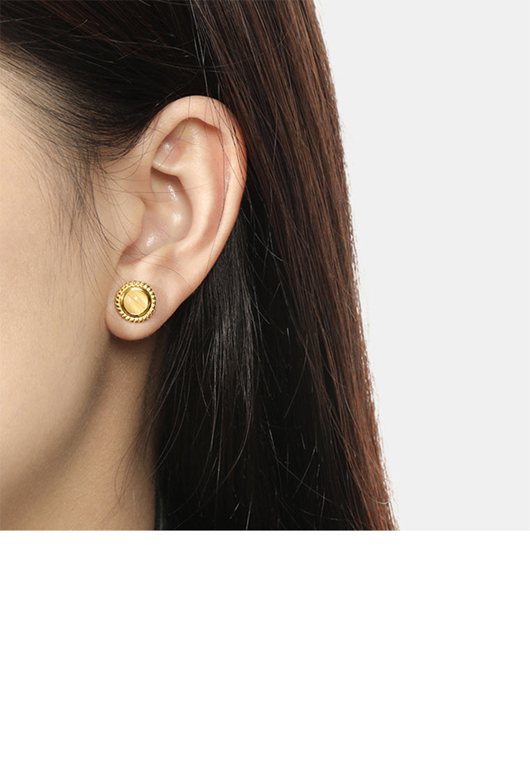 925 Sterling Silver Plated Gold Simple Elegant Twisted Geometric Round Opal Stud Earrings