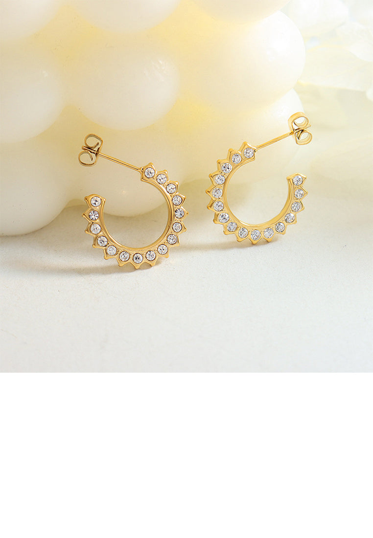Simple and Personalized Plated Gold 316L Stainless Steel C-shaped Geometric Stud Earrings with Cubic Zirconia - Luxurious Look