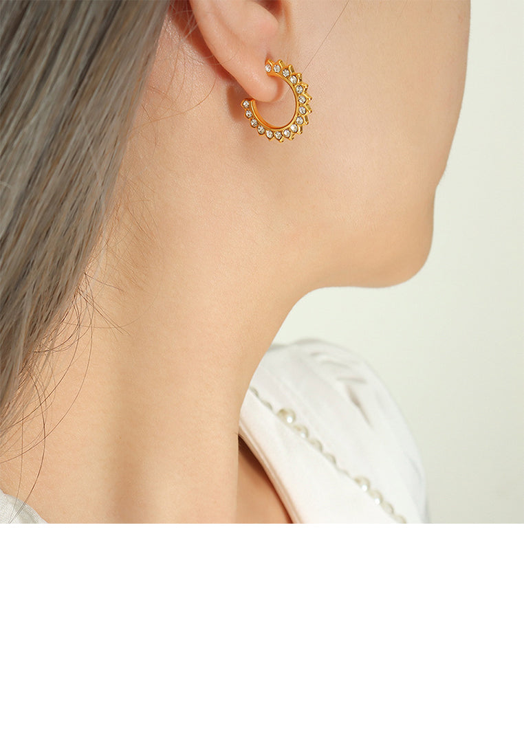 Simple and Personalized Plated Gold 316L Stainless Steel C-shaped Geometric Stud Earrings with Cubic Zirconia - Luxurious Look