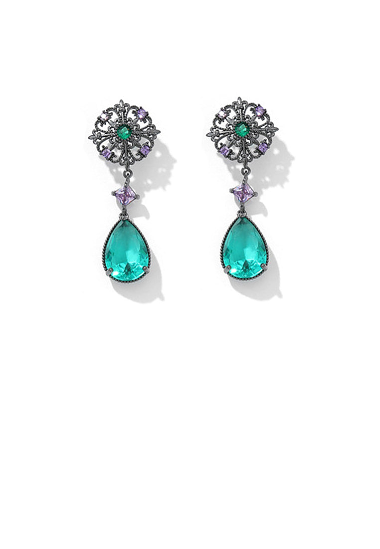 Elegant Vintage Plated Black Hollow Pattern Water Drop Earrings with Green Cubic Zirconia - Luxurious Look