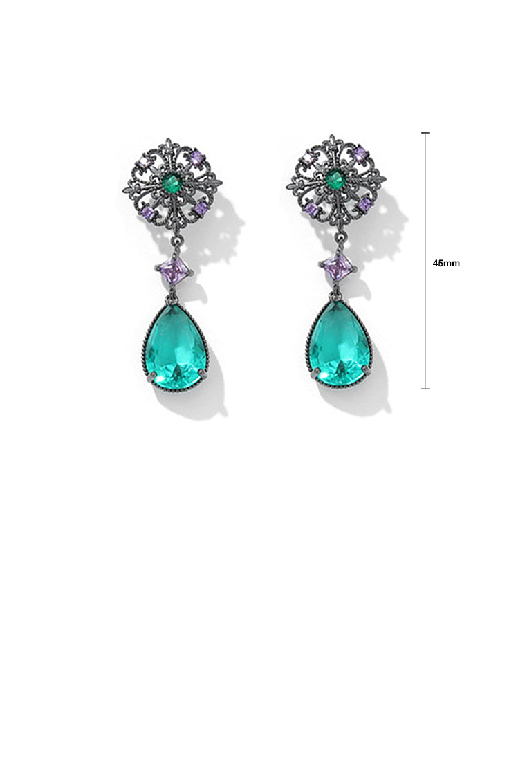 Elegant Vintage Plated Black Hollow Pattern Water Drop Earrings with Green Cubic Zirconia - Luxurious Look