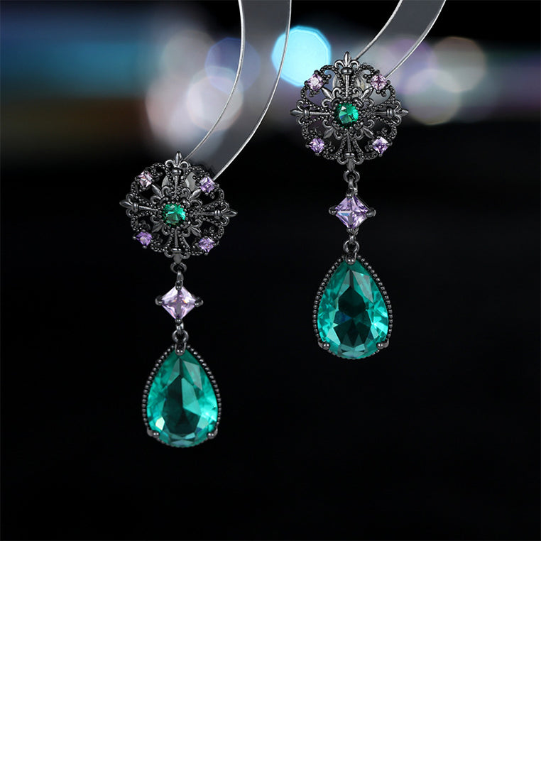 Elegant Vintage Plated Black Hollow Pattern Water Drop Earrings with Green Cubic Zirconia - Luxurious Look