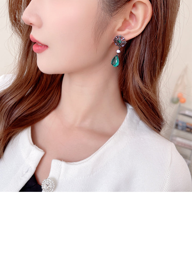 Elegant Vintage Plated Black Hollow Pattern Water Drop Earrings with Green Cubic Zirconia - Luxurious Look