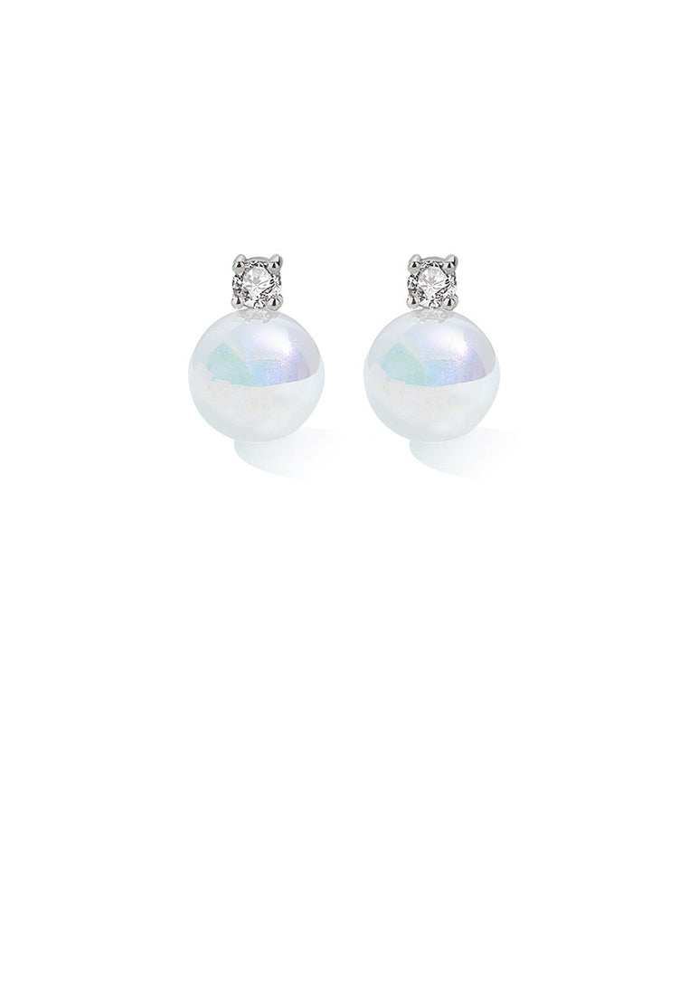 925 Sterling Silver Fashion Simple Geometric Round Imitation Pearl Stud Earrings with Cubic Zirconia - Luxurious Look