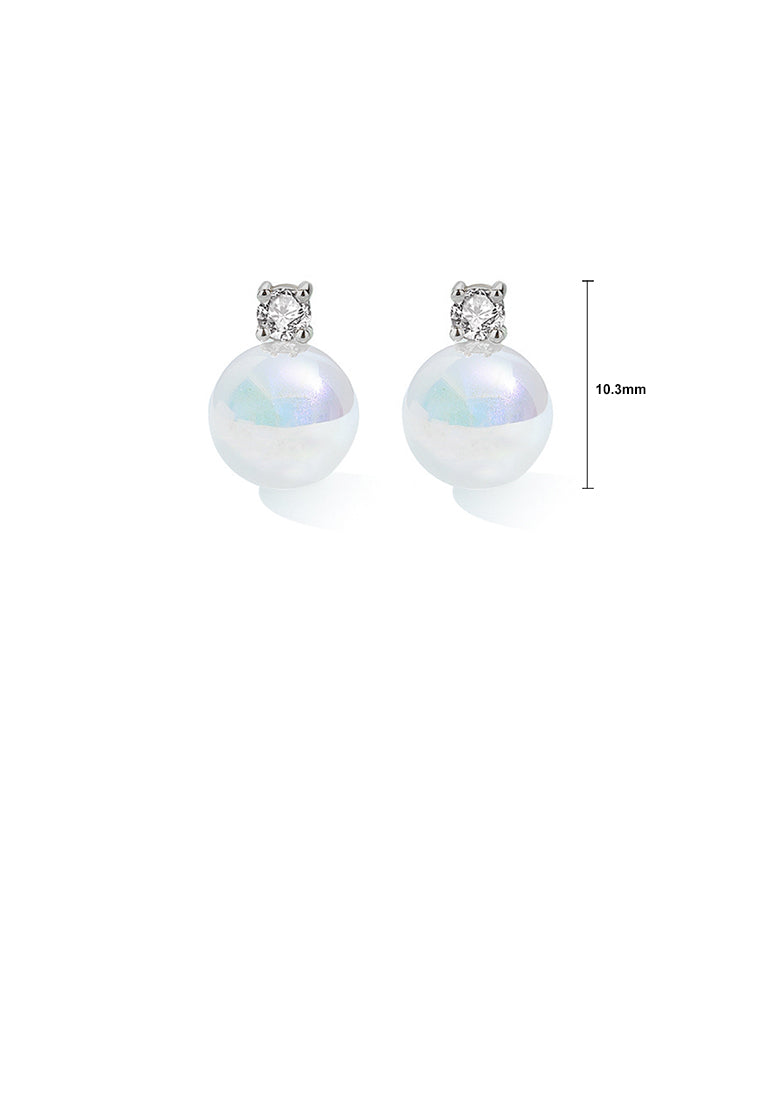 925 Sterling Silver Fashion Simple Geometric Round Imitation Pearl Stud Earrings with Cubic Zirconia - Luxurious Look