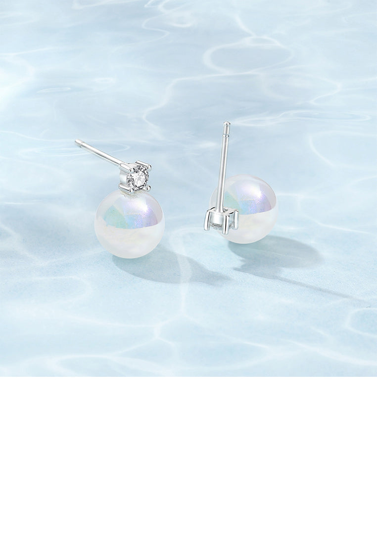 925 Sterling Silver Fashion Simple Geometric Round Imitation Pearl Stud Earrings with Cubic Zirconia - Luxurious Look
