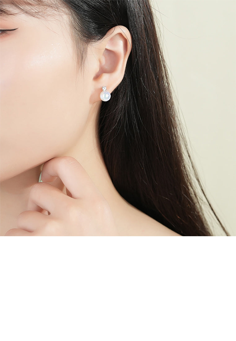 925 Sterling Silver Fashion Simple Geometric Round Imitation Pearl Stud Earrings with Cubic Zirconia - Luxurious Look