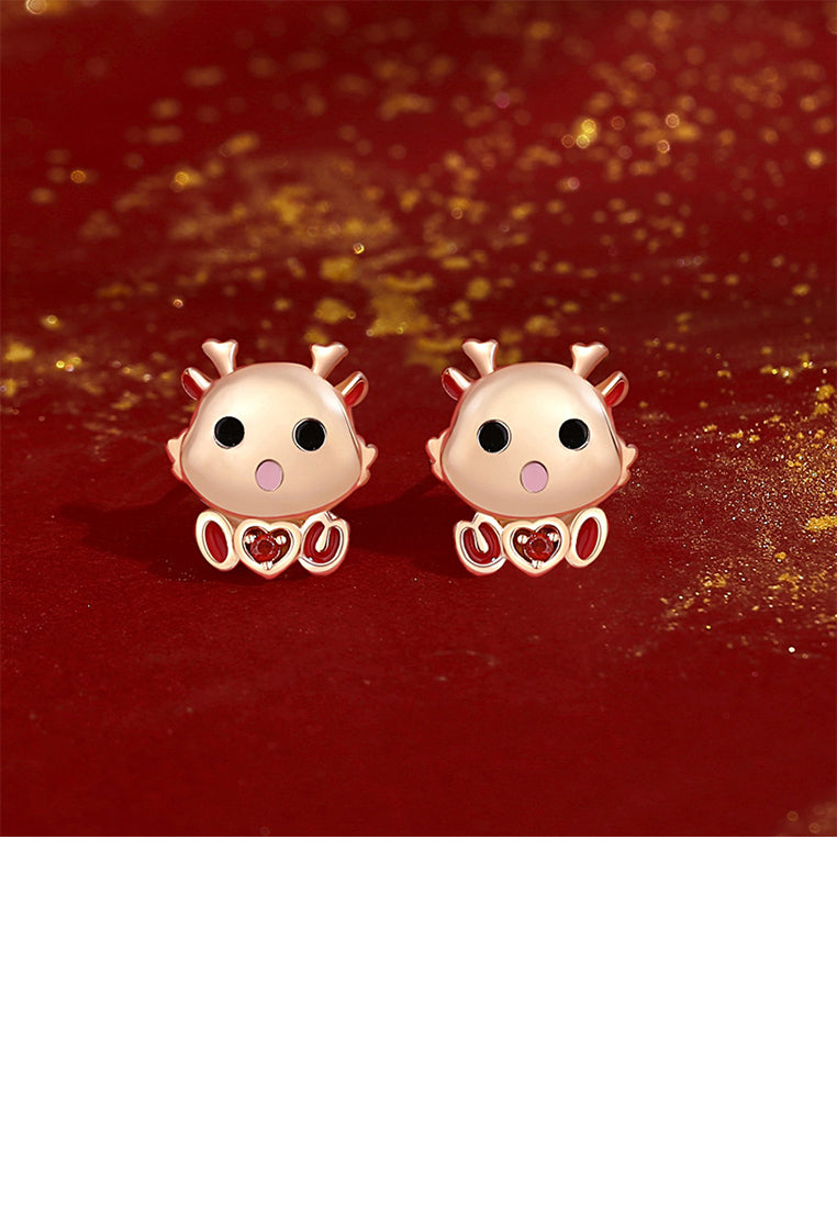 925 Sterling Silver Plated Rose Gold Simple Cute Cartoon Dragon Stud Earrings with Cubic Zirconia - Luxurious Look