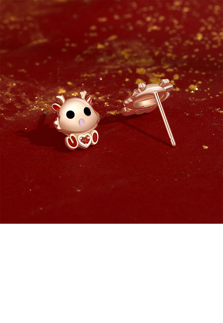 925 Sterling Silver Plated Rose Gold Simple Cute Cartoon Dragon Stud Earrings with Cubic Zirconia - Luxurious Look