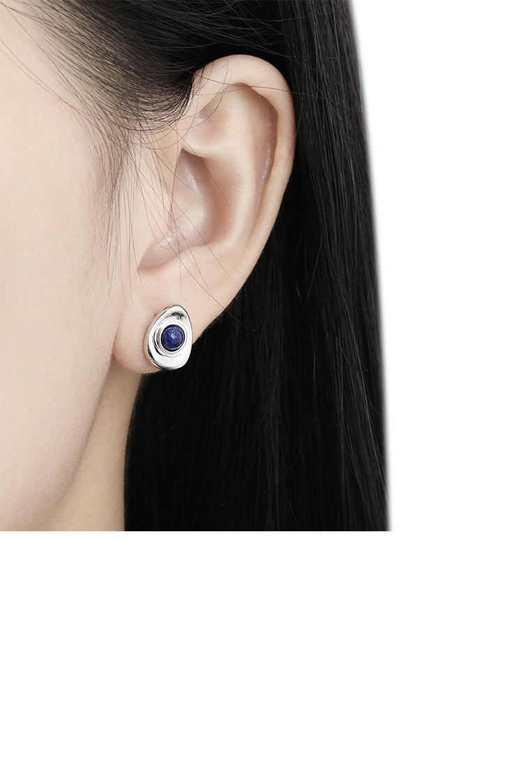 925 Sterling Silver Simple Temperament Geometric Oval Lapis Lazuli Stud Earrings
