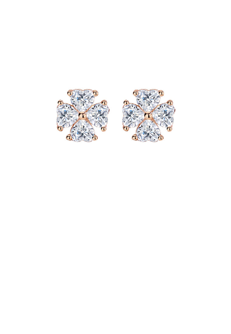 925 Sterling Silver Plated Rose Gold Simple Classic Four-leafed Clover Stud Earrings with Cubic Zirconia - Luxurious Look