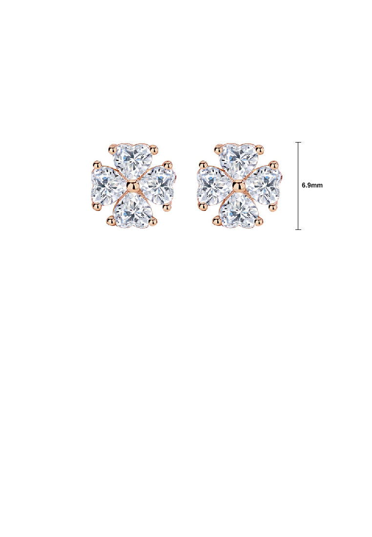 925 Sterling Silver Plated Rose Gold Simple Classic Four-leafed Clover Stud Earrings with Cubic Zirconia - Luxurious Look