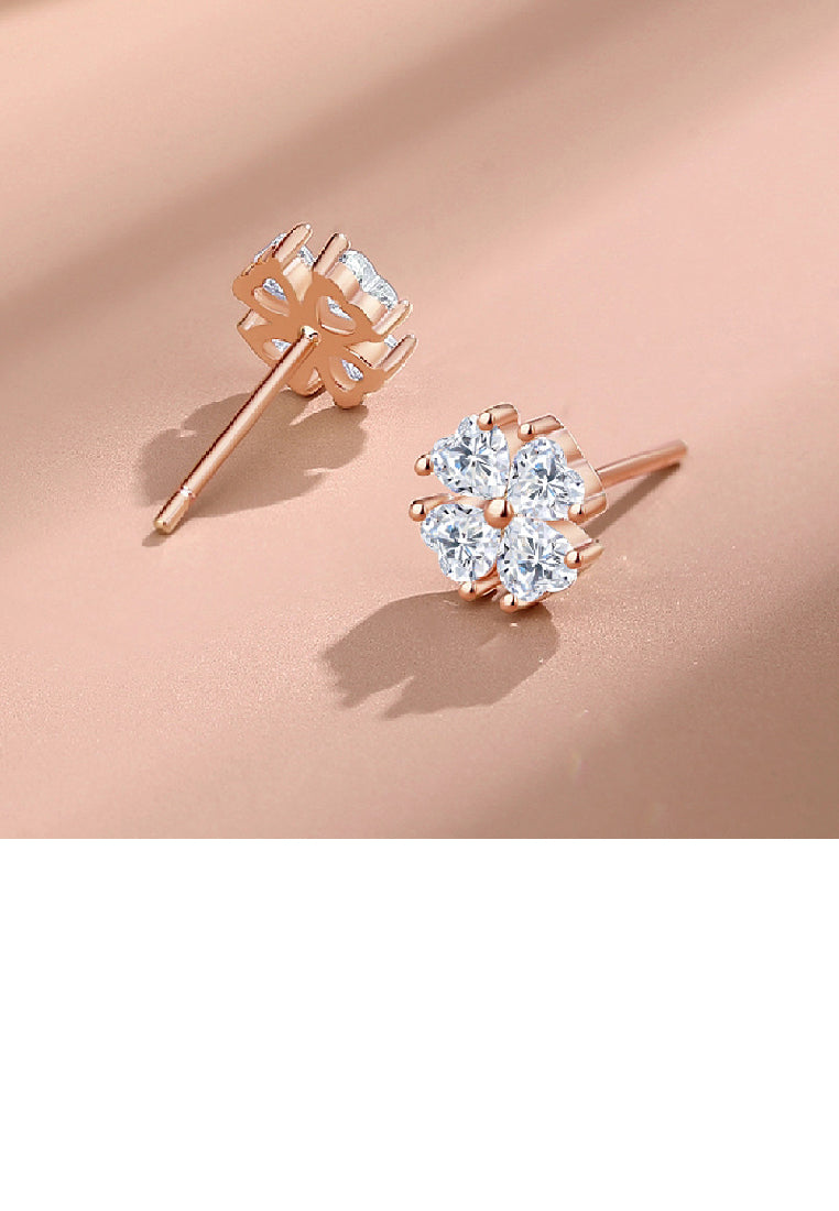 925 Sterling Silver Plated Rose Gold Simple Classic Four-leafed Clover Stud Earrings with Cubic Zirconia - Luxurious Look