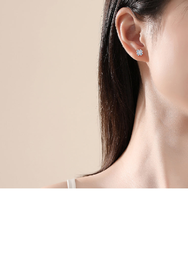 925 Sterling Silver Plated Rose Gold Simple Classic Four-leafed Clover Stud Earrings with Cubic Zirconia - Luxurious Look