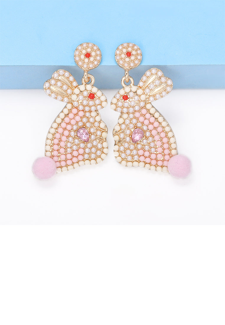 Fashion Cute Plated Gold Rabbit Imitation Pearl Earrings with Cubic Zirconia - Luxurious Look