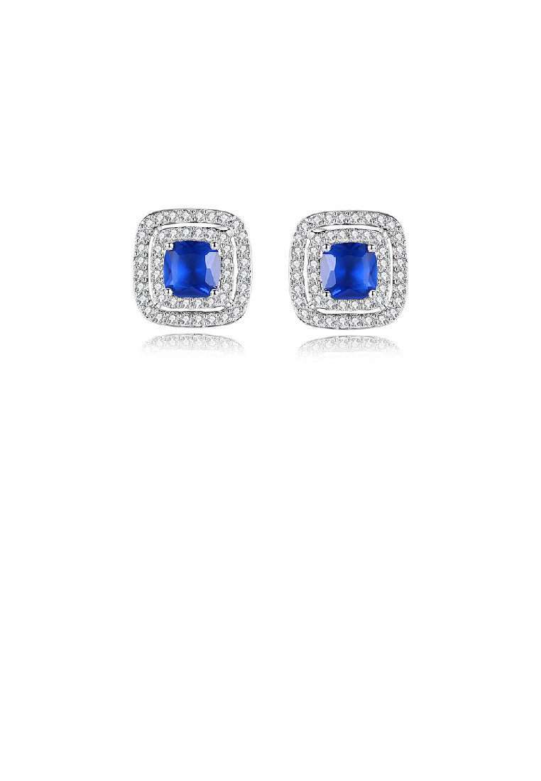 Brilliant Geometric Square Stud Earrings with Blue Cubic Zirconia - Luxurious Look
