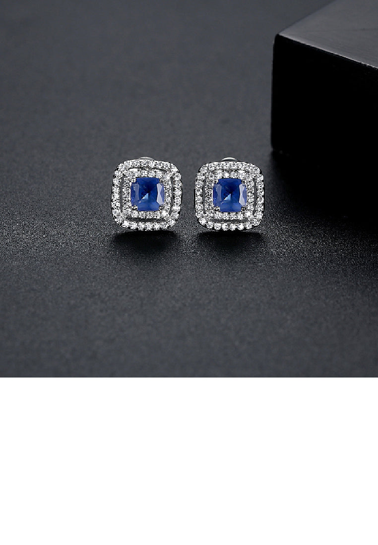 Brilliant Geometric Square Stud Earrings with Blue Cubic Zirconia - Luxurious Look