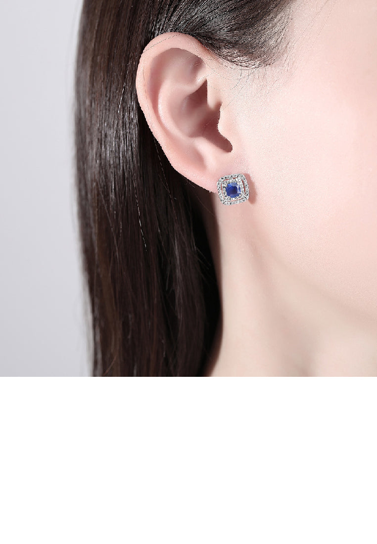 Brilliant Geometric Square Stud Earrings with Blue Cubic Zirconia - Luxurious Look